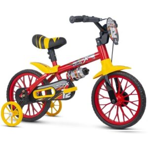 Bicicleta Infantil Aro 12 Motor X Nathor Masculina Vermelho Amarelo com Rodas de Treinamento