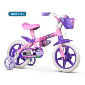 Bicicleta Infantil Aro 12 Cat Nathor Feminina Lilás Rosa e Branco