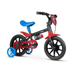 Bicicleta Infantil Aro 12 Mechanic Nathor Masculina Preto Vermelho com Rodas de Treinamento